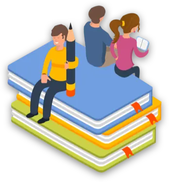 icon of people sitting on physical books, holding pencils and books