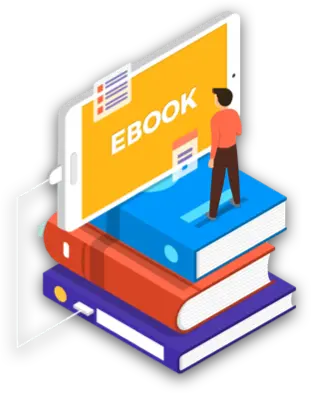 icon of a man standing on physical books to read an ebook