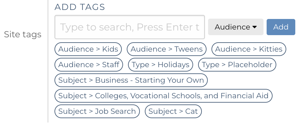 Example view of  site tags and subjects