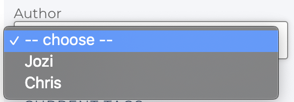 Image showing the dropdown to select an author for the blog post