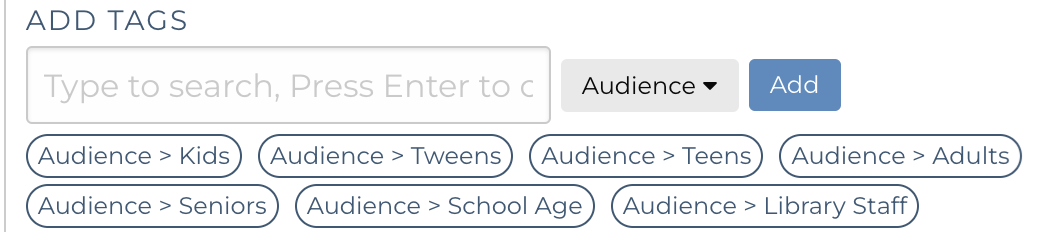 Example image of the input box to add tags to a podcast