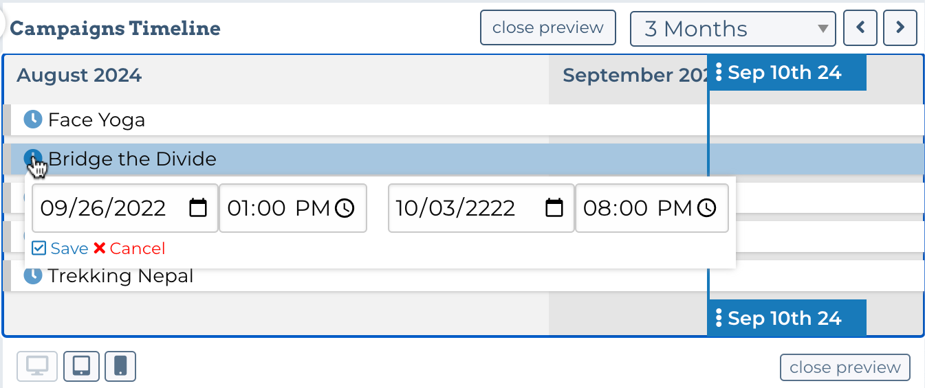 Image showcasing how the campaigns timeline interface works