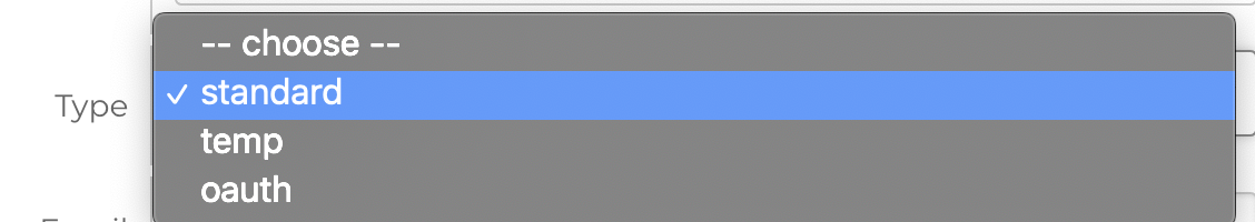 dropdown of the three types of users that includes standard, temp, and OAtuth