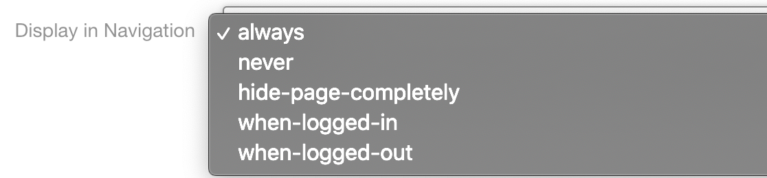 Image of the dropdown of how to display the page in navigation 