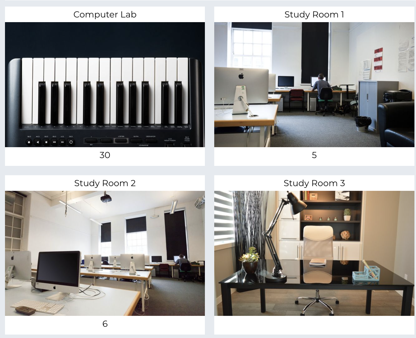 Image showcasing a gallery view of four different available spaces