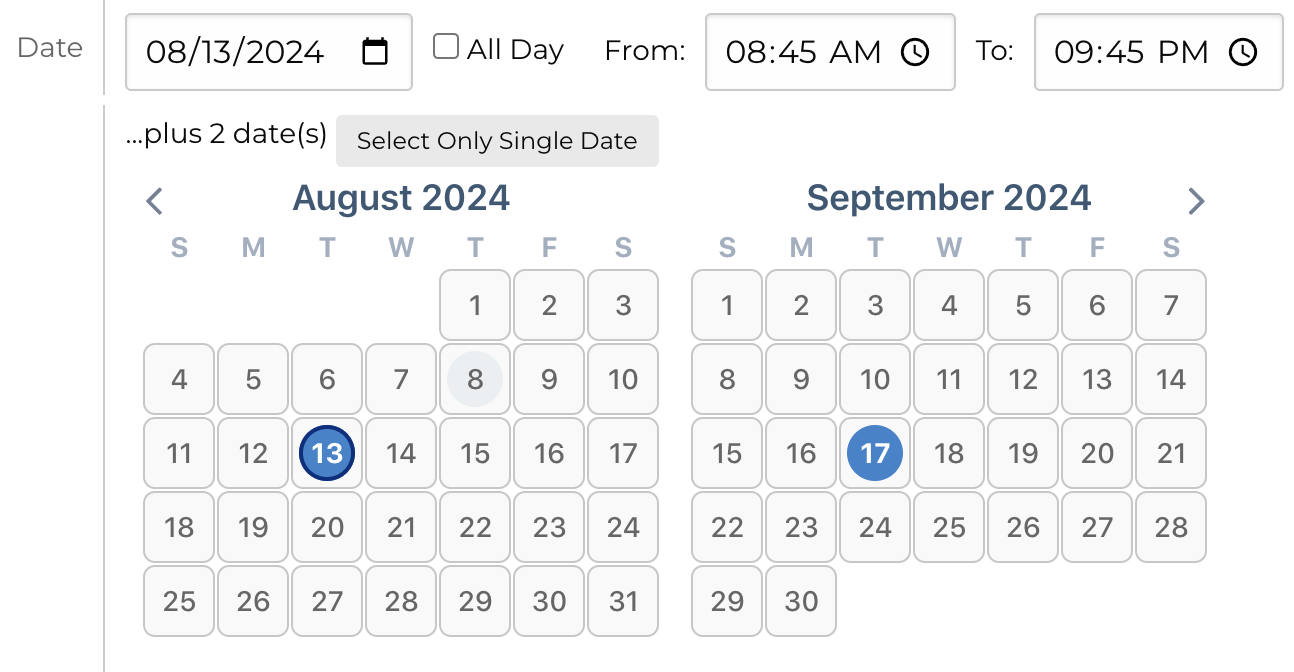 Image of the calenda view demonstrating the start and end date features