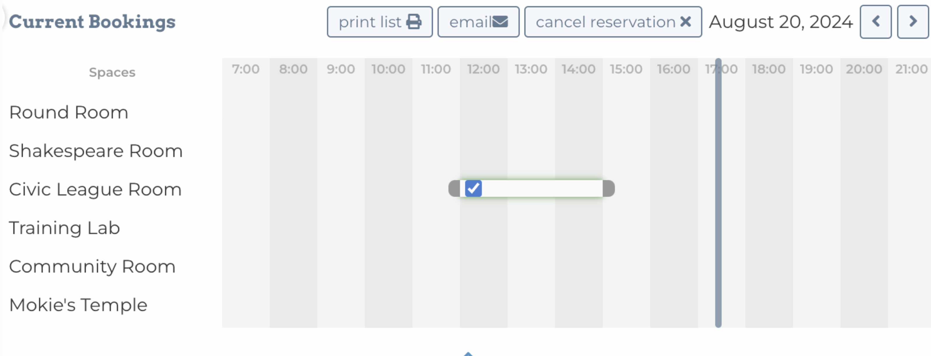 Example of the dropdown menu showing a timeline of all space reservations