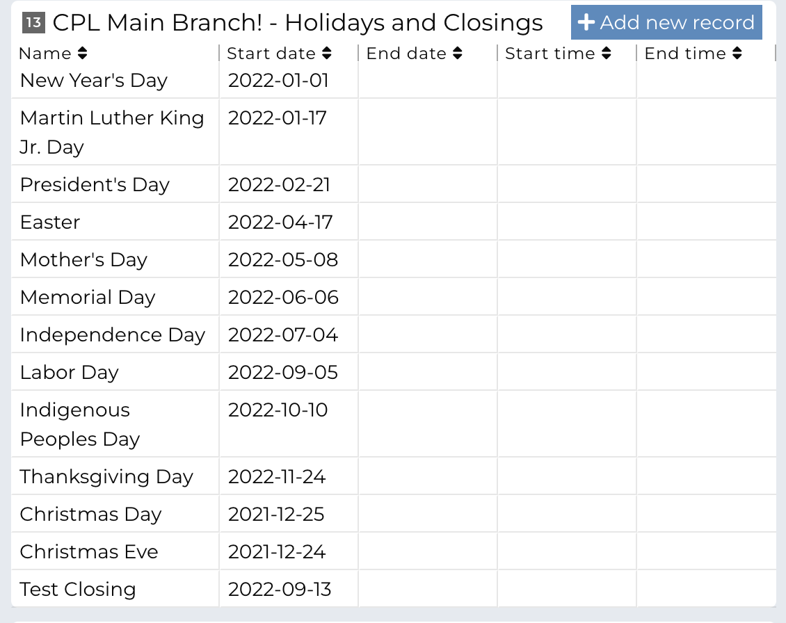 Image showing a list of holiday hours and closings for the main branch