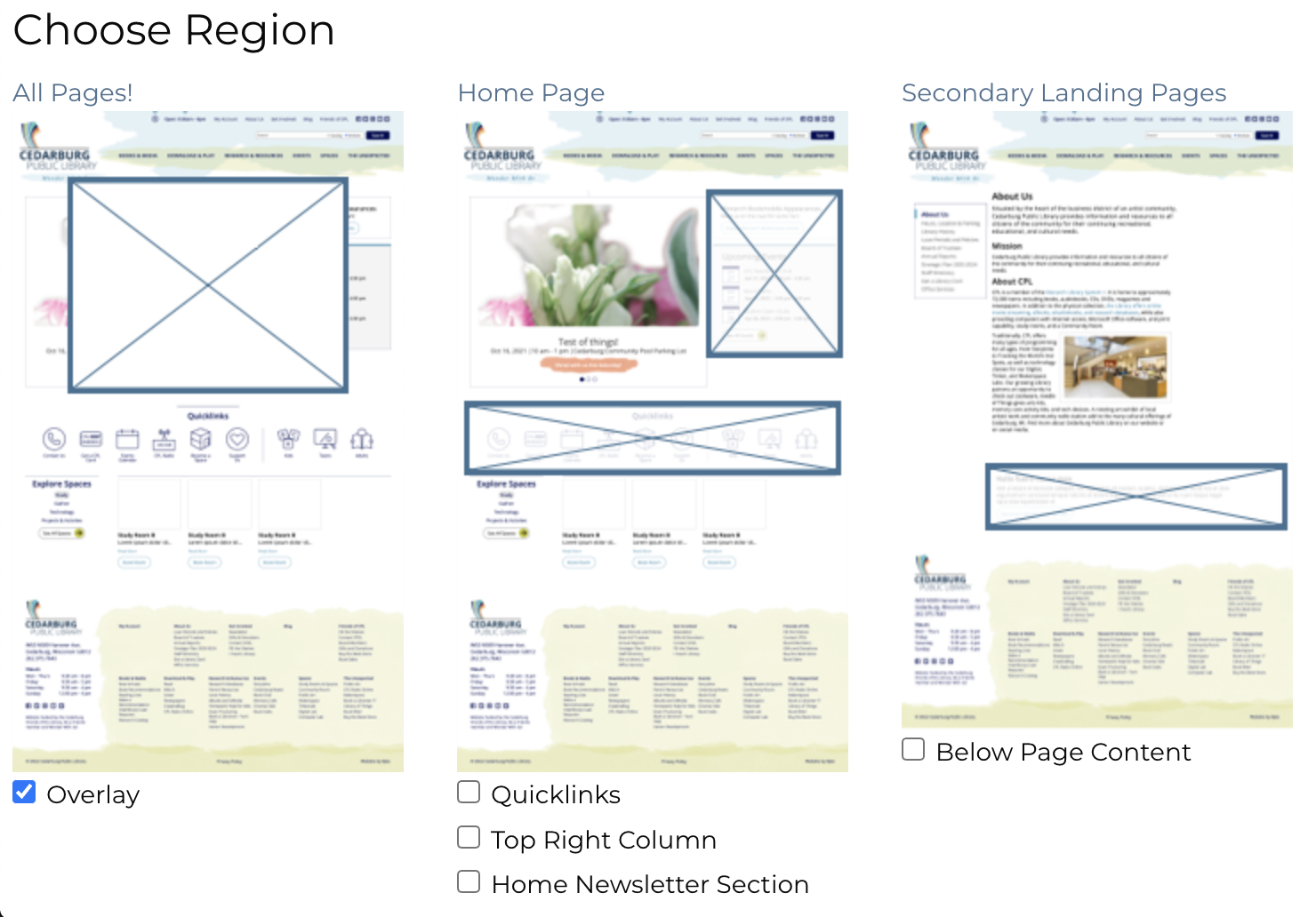 Image of the various locations a bucket can be set to on the front-end