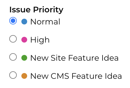 Image of the four issue priorities which include Normal, High, New Site Feature Idea, and New CMS Feature Idea