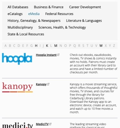 screenshot of a list of filterable online resources