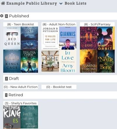 screenshot of booklists from the admin side