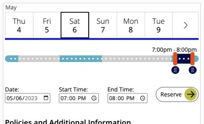 screenshot of a time frame being selected to book a room